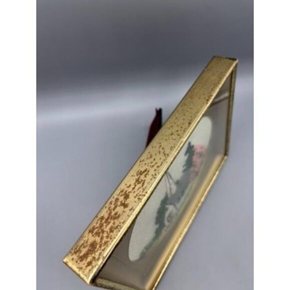 Vtg Handmade Embroidered Church‎ Steeple Scene In Gold Frame Trees - Picture 4 of 7